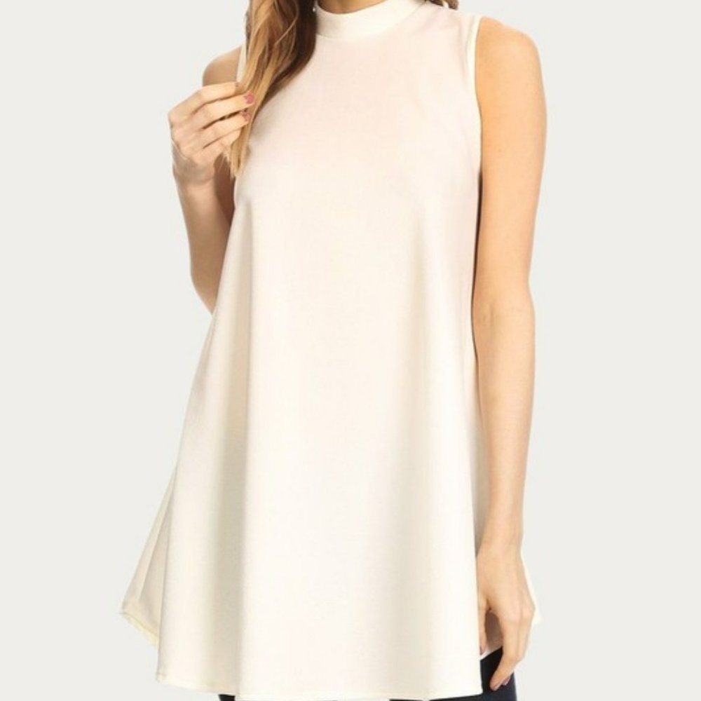 Long Body Sleeveless Top With Mock Neck - White